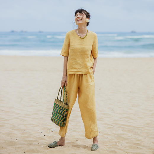 绽放绽放女装325朵/高端质感干洗亚麻旅游穿搭宽松T恤休闲裤套装 商品图2