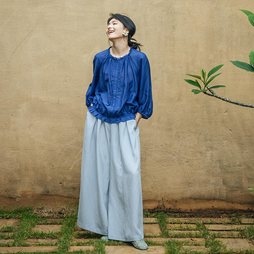 绽放旅行女装322朵/天丝亚麻花边捏褶A字宽松减龄休闲百搭阔腿裤 商品图3