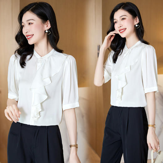 YQ荷叶边显瘦衬衫女半袖小衫2024年夏季新款时尚洋气桑蚕丝立领上衣 商品图2