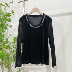 元旦福利  8858 金丝绒圆领链条钻小衫上衣-喜出
