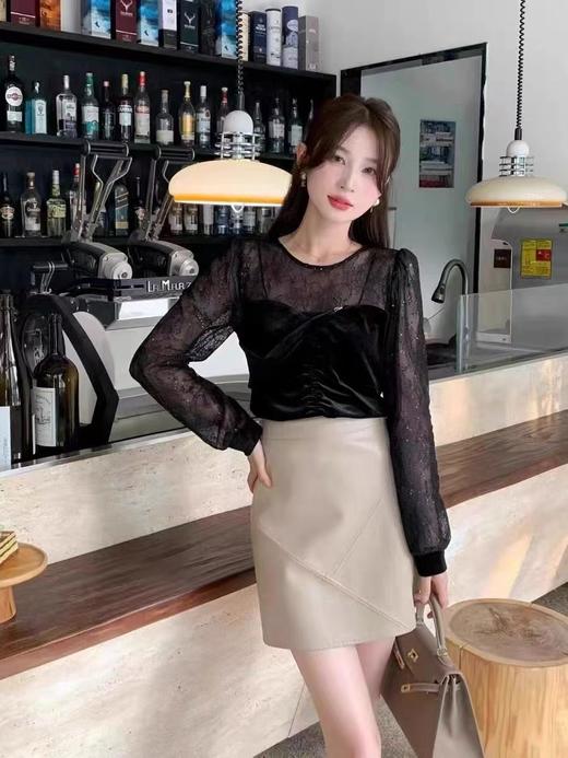 好看的哦~5239亮片蕾丝拼金丝绒修身小衫上衣-喜出 商品图1