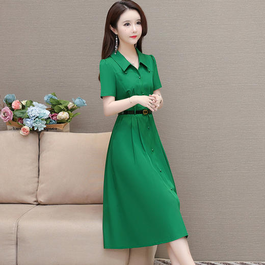 QYM-131342夏季新款女装气质短袖连衣裙纯色中长款衬衣领高腰A字裙 商品图1