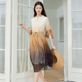 玳莎渐变印花乔其真丝连衣裙2024夏季新款系带抽褶拼接五分袖裙子  EB35309