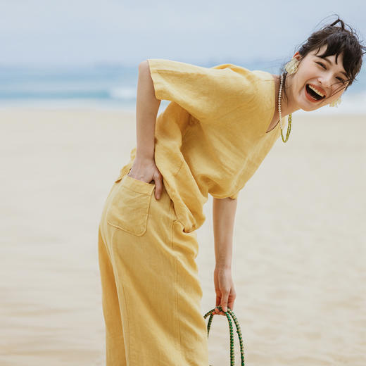 绽放绽放女装325朵/高端质感干洗亚麻旅游穿搭宽松T恤休闲裤套装 商品图0