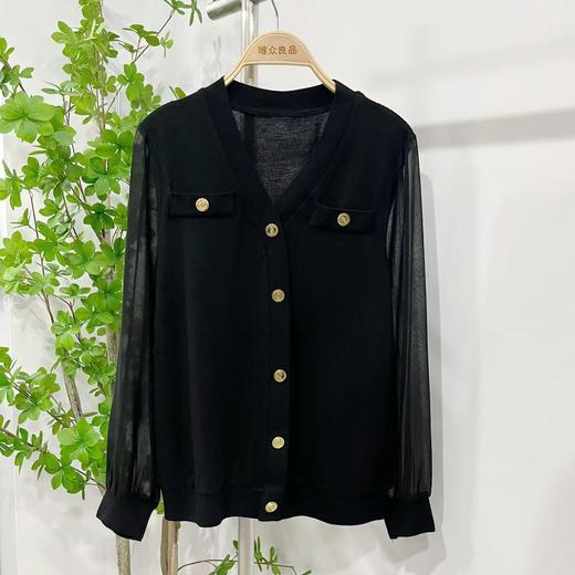 1-V领网纱袖针织小衫上衣（微瑕）-喜出 商品图0