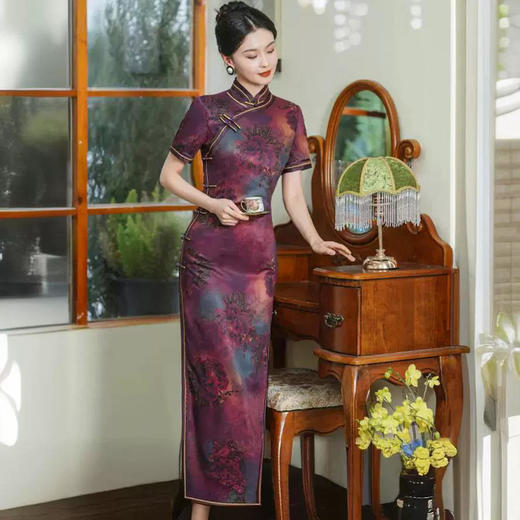 HQ041-老上海新中式紫色旗袍改良国风连衣裙长款 商品图2