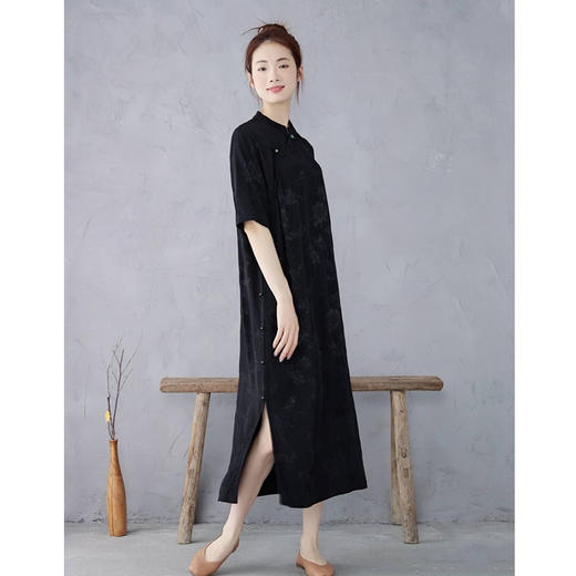 雀说 夏季人丝提花新中式立领珠扣喇叭袖旗袍大码宽松套头连衣裙4ZF-2347 商品图4