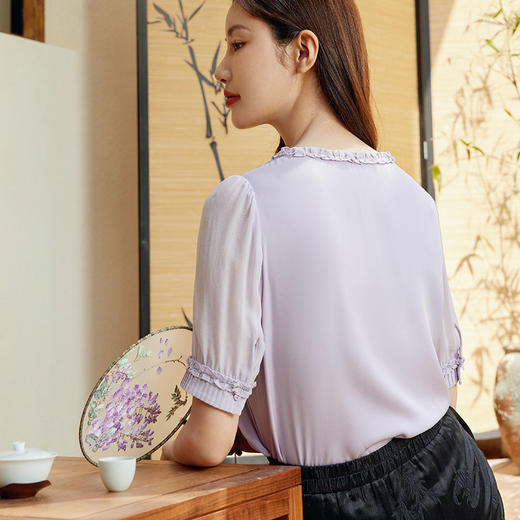 玳莎系带木耳边领真丝小衫女2024新款夏季优雅气质五分袖上衣衬衫  EB31106 商品图3