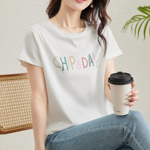 桑蚕丝短袖t恤，纯色字母显瘦体恤上衣KQN- 85606 商品图1