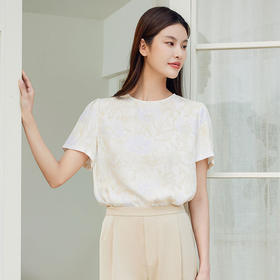 玳莎冠乐绉真丝小衫女2024夏季新款圆领印花提花设计感桑蚕丝上衣  EB31108