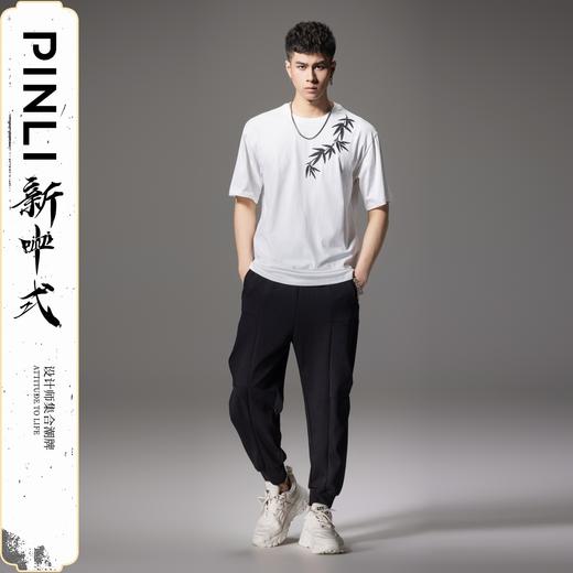 PINLI品立2024夏季新款中国风短袖T恤男士国潮竹叶贴布绣休闲体恤BG242111055 商品图1