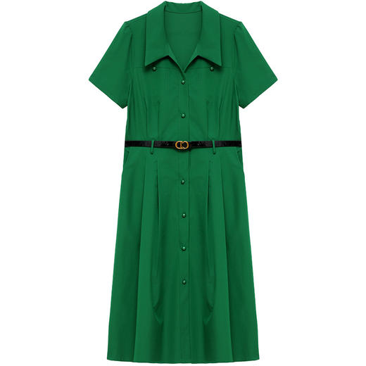 QYM-131342夏季新款女装气质短袖连衣裙纯色中长款衬衣领高腰A字裙 商品图4