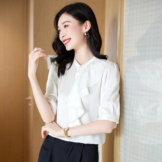 YQ荷叶边显瘦衬衫女半袖小衫2024年夏季新款时尚洋气桑蚕丝立领上衣 商品图3