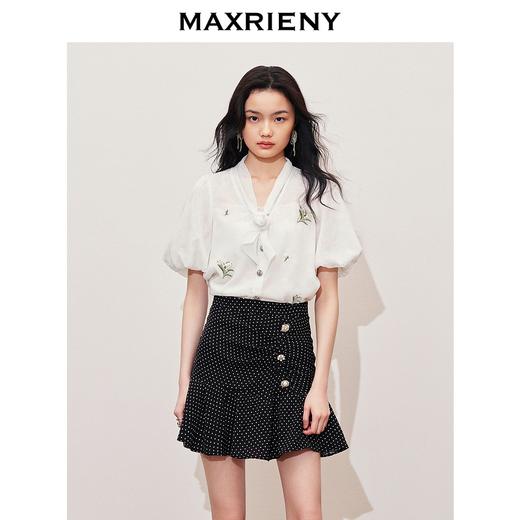 MAXRIENY2024小香风气质白色高腰时尚休闲印花设计师蕾丝雪纺衫(货号:MS85TP057) 商品图1