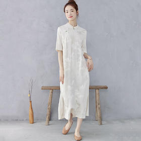 雀说 夏季人丝提花新中式立领珠扣喇叭袖旗袍大码宽松套头连衣裙4ZF-2347