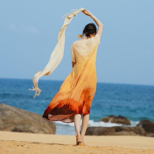 绽放旅行女装330朵/亚麻原创花型晚霞色度假旅游宽松短袖连衣裙 商品图3