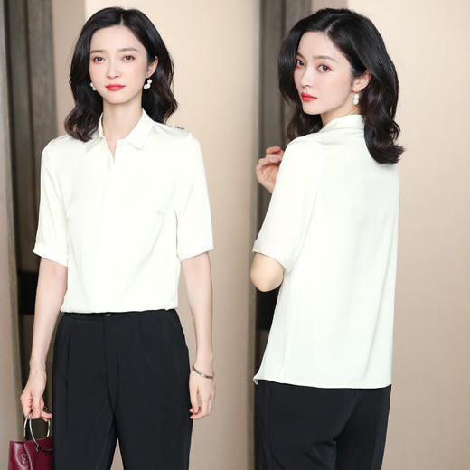 YQ2024年夏季新款桑蚕丝衬衫女士五分袖气质上衣翻领半袖纯色衬衣 商品图2