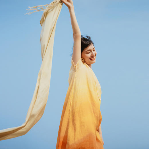 绽放旅行女装330朵/亚麻原创花型晚霞色度假旅游宽松短袖连衣裙 商品图1