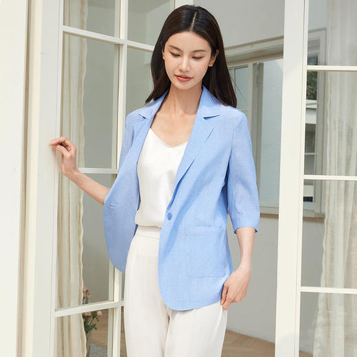 玳莎牛仔印花双绉真丝西装女夏季通勤简约时尚一粒扣外套  EB37202 商品图0