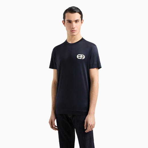 【一】EMPORIO ARMANI 阿玛尼 男士徽标凸纹刺绣莱赛尔纤维混纺平纹针织圆领短袖T恤 深蓝色 8N1TF5 1JUVZ 0920 商品图1