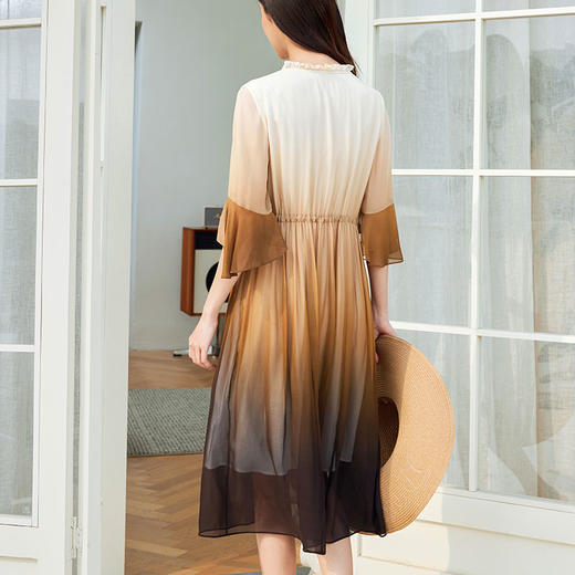 玳莎渐变印花乔其真丝连衣裙2024夏季新款系带抽褶拼接五分袖裙子  EB35309 商品图3