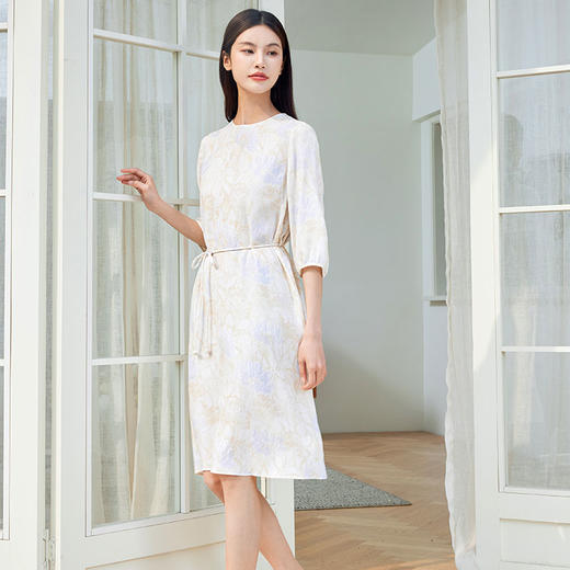 玳莎印花宽松真丝连衣裙2024新款夏季系带收腰七分袖中长款裙子  EB35308 商品图2