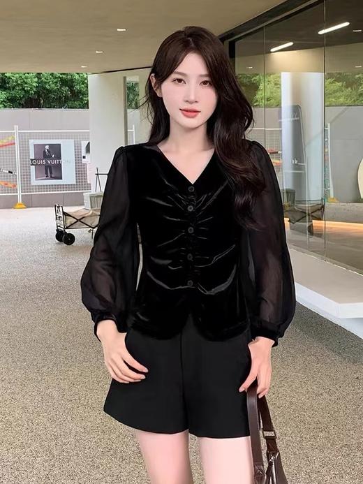 好看的哦~5223褶皱金丝绒拼纱袖小衫上衣-喜出 商品图1