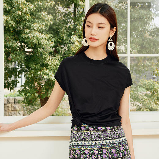 玳莎小盖袖圆领T恤女2024年夏季新款通勤上班纯色简约内搭棉上衣  EB32102 商品图2