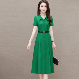 QYM-131342夏季新款女装气质短袖连衣裙纯色中长款衬衣领高腰A字裙