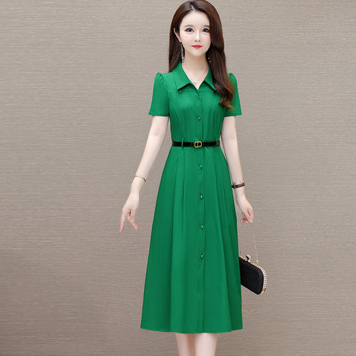 QYM-131342夏季新款女装气质短袖连衣裙纯色中长款衬衣领高腰A字裙 商品图0