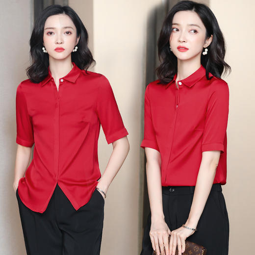 YQ2024年夏季新款桑蚕丝衬衫女士五分袖气质上衣翻领半袖纯色衬衣 商品图0