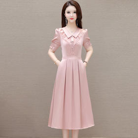 QYM-2462时尚短袖A字裙女装纯色连衣裙夏季新款中长款口袋百褶裙