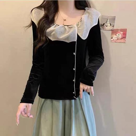 好看的哦~5112金丝绒拼网纱领小衫上衣-喜出 商品图1