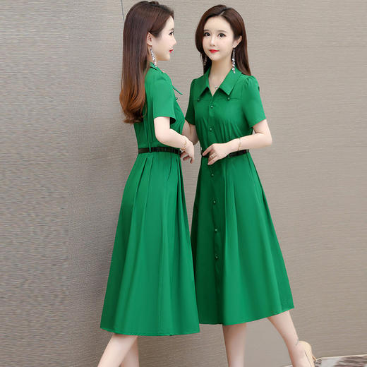 QYM-131342夏季新款女装气质短袖连衣裙纯色中长款衬衣领高腰A字裙 商品图2