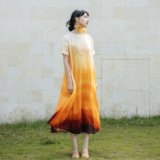 绽放旅行女装330朵/亚麻原创花型晚霞色度假旅游宽松短袖连衣裙 商品图2