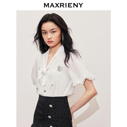 MAXRIENY2024小香风气质白色高腰时尚休闲印花设计师蕾丝雪纺衫(货号:MS85TP057) 商品图0
