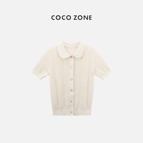 COCO ZONE“艾米”100棉时尚薄款镂空短袖针织衫简约单排扣上衣CC2B0796