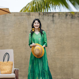 绽放310朵/原创花型绿色清爽亲肤亚麻旅游穿搭海边度假宽松连衣裙