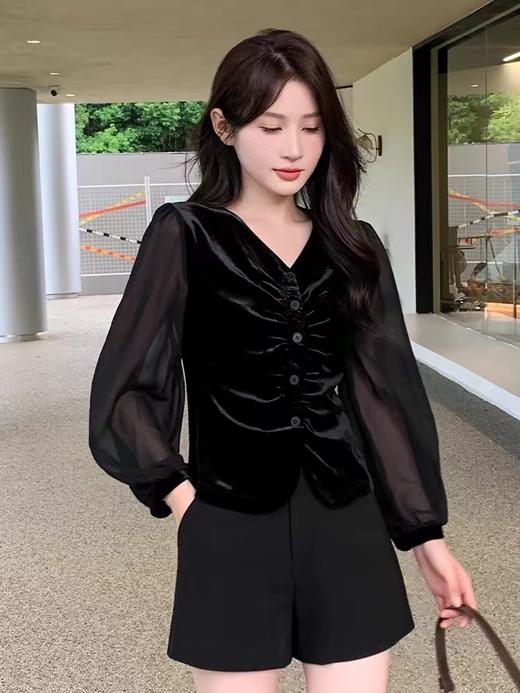 好看的哦~5223褶皱金丝绒拼纱袖小衫上衣-喜出 商品图2