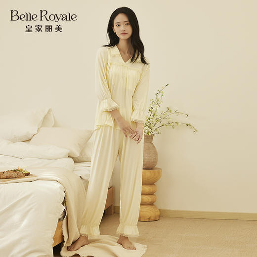 春夏新款薄款优可丝女款柔软蕾丝荷叶袖宫廷气质款家居服套装JJT9110 商品图1
