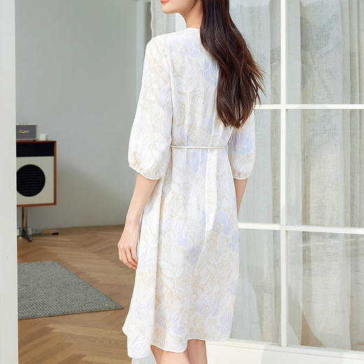 玳莎印花宽松真丝连衣裙2024新款夏季系带收腰七分袖中长款裙子  EB35308 商品图3
