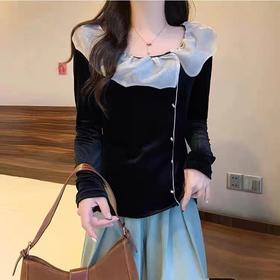 好看的哦~5112金丝绒拼网纱领小衫上衣-喜出