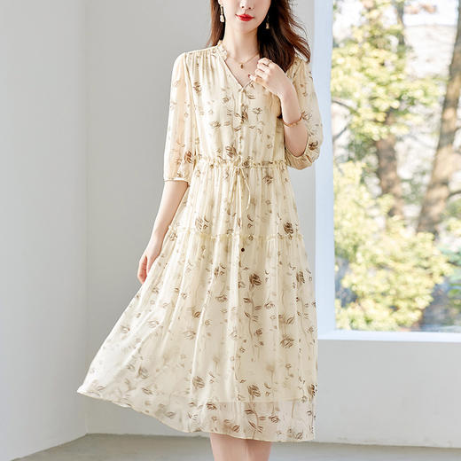 玫瑰花印花乔其真丝连衣裙，轻奢中袖显瘦桑蚕丝长裙子KQN-82497230 商品图1