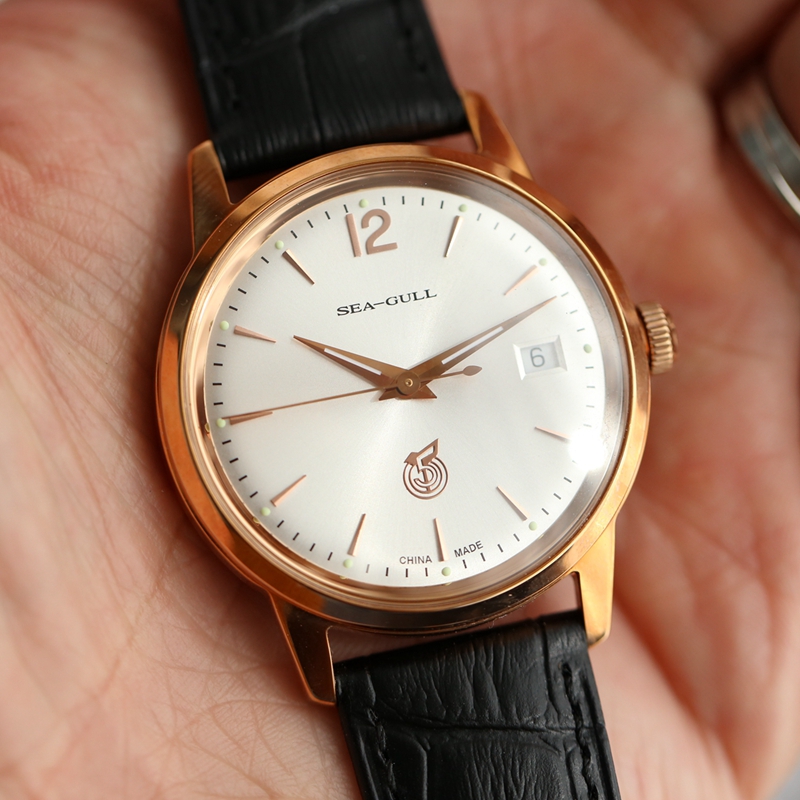 海鸥Seagull五一复古自动机械手表D51男士正装皮带金色壳36mm防水