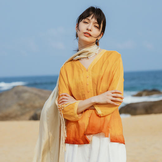 * 绽放旅行女装318朵/原创晚霞色亚麻宽松清凉夏季旅游穿搭衬衫 商品图1