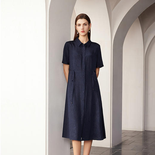 【桑蚕丝暗纹系带连衣裙】24年春夏新品女士真丝丝中长款衬衫裙子 商品图0