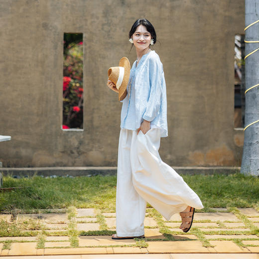 绽放旅行女装322朵/天丝亚麻花边捏褶A字宽松减龄休闲百搭阔腿裤 商品图1