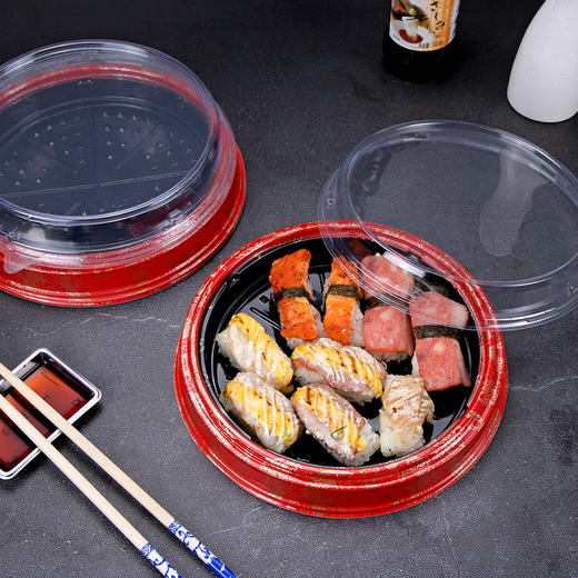 喇叭花圆形寿司盒寿喜锅拼盘海鲜烧鹅外带盒一次性外卖盒圆形刺身盒印花双层拼盘 商品图3