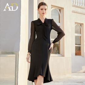 AD法式轻奢复古感连衣裙女夏季知性女神范包臀鱼尾裙赫本风小黑裙