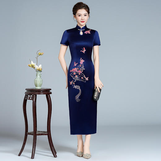 LHS-B126夏新款高贵中国风修身经典刺绣长款醋酸旗袍 修身高贵晚礼服 商品图0